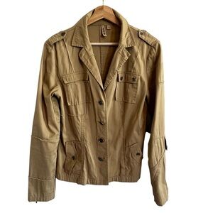 209 Womens Tan Military Jacket Size 2 Button Up Utility Cargo Safari Lightweight